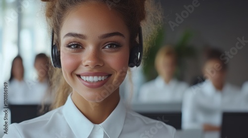 Customer support representative with headset