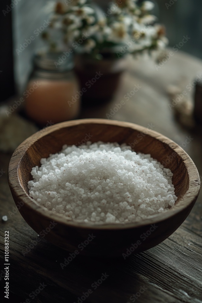 A wooden bowl filled with sea salt, perfect for decorative use or as a finishing touch for any dish A wooden bowl filled with sea salt, perfect for decorative use or as a finishing touch for any dish