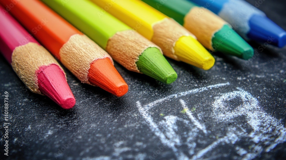 Colorful pencils on blackboard. Colorful pencils on blackboard.