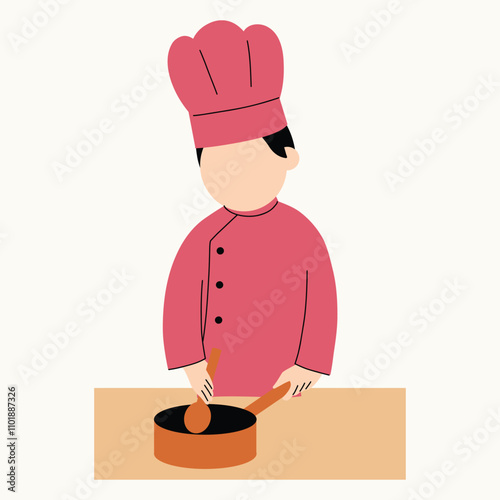 A chef in a pink uniform stirring a pot in a kitchen setting.