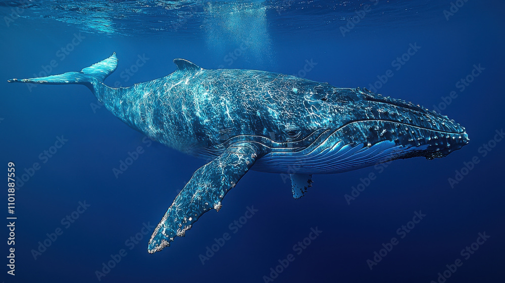 Naklejka premium Majestic Humpback Whale Swimming in the Vast Blue Ocean