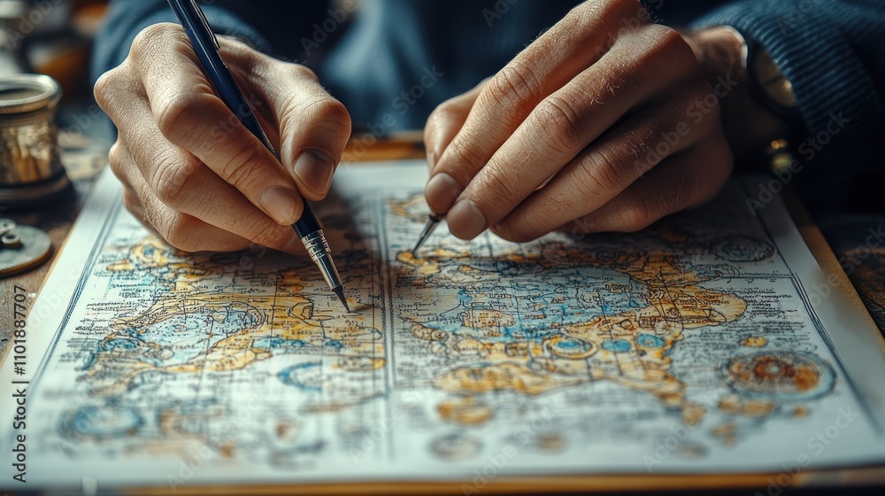 Close-up of a man's hands tracing a route on a vintage world map with a compass and pen. Close-up of a man's hands tracing a route on a vintage world map with a compass and pen.