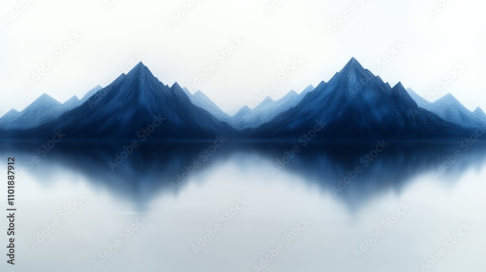 Serene mountain range reflected in still water, minimalist blue tones. Serene mountain range reflected in still water, minimalist blue tones.