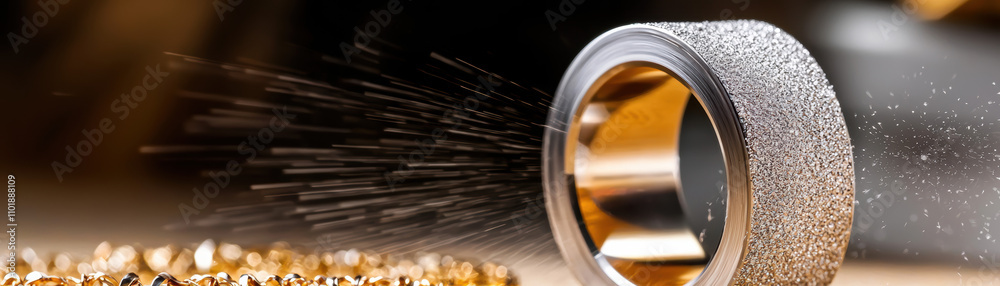Handmade Jewelry Workshop Closeup Concept. Close-up of a sparkling ring with scattered golden particles around it. Handmade Jewelry Workshop Closeup Concept. Close-up of a sparkling ring with scattered golden particles around it.