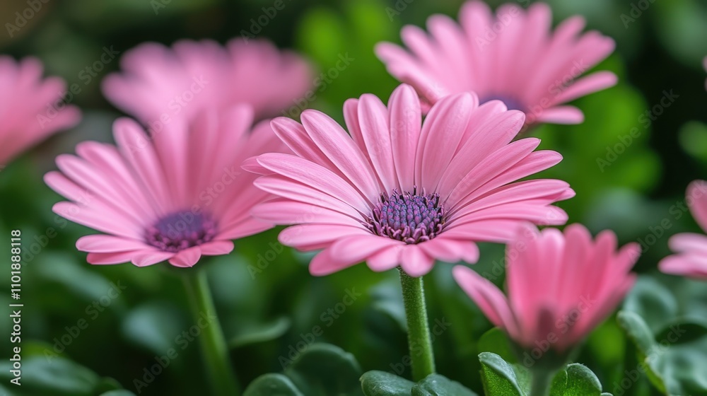 Obraz premium A close-up of vibrant pink flowers blooming amidst lush green foliage.