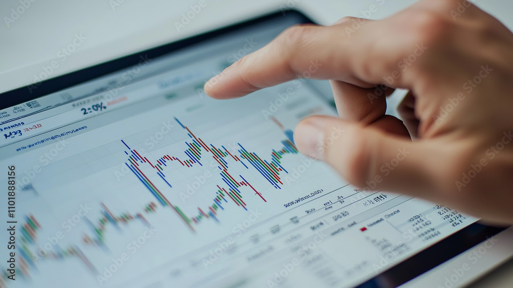 Close up of hand pointing at digital stock market chart on tablet, showcasing upward trends and colorful data visualization, reflecting financial analysis Close up of hand pointing at digital stock market chart on tablet, showcasing upward trends and colorful data visualization, reflecting financial analysis