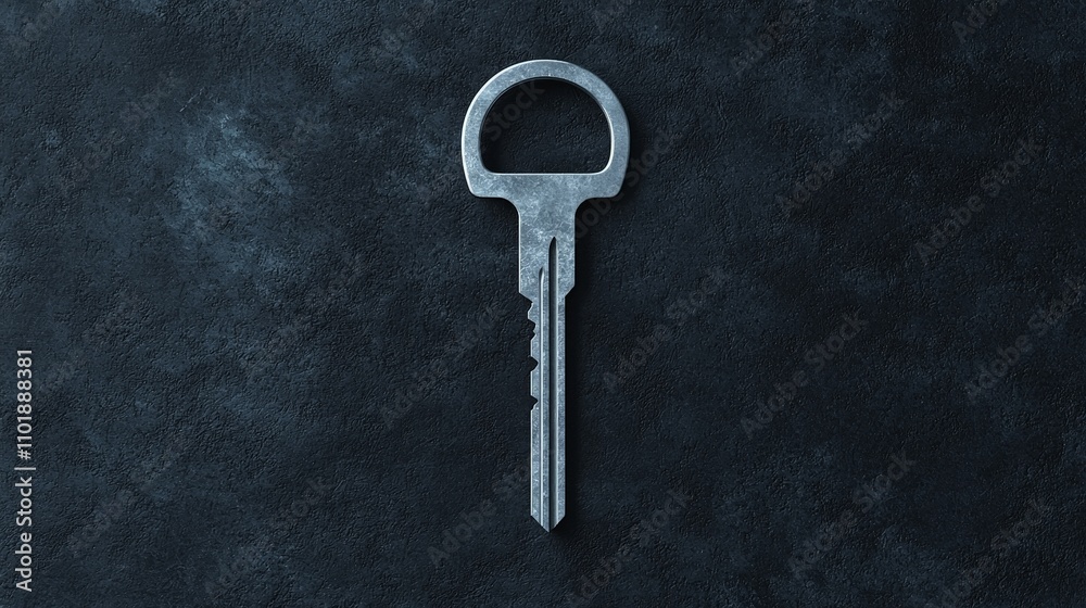 Single metallic key on dark textured surface. Single metallic key on dark textured surface.