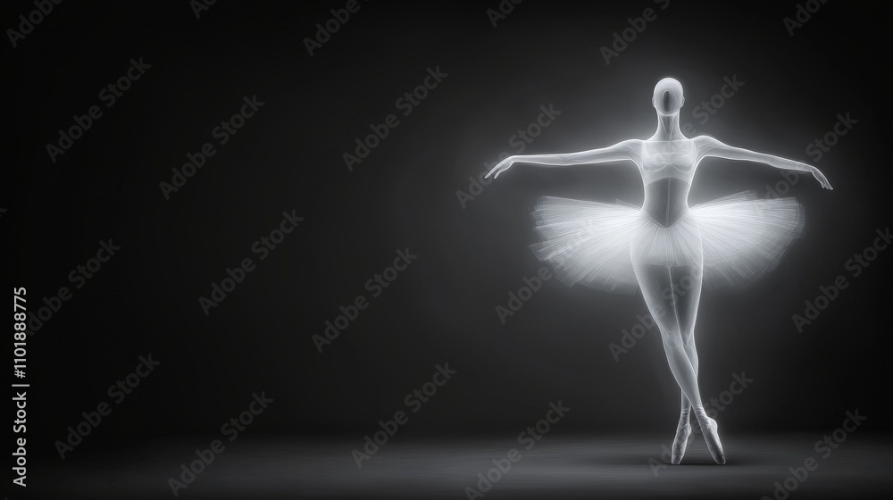 Glowing ballerina in a tutu, poised in a graceful dance pose against a dark background. Glowing ballerina in a tutu, poised in a graceful dance pose against a dark background.