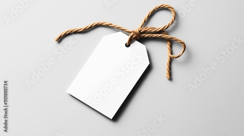 Blank white price tag with brown string arranged in a bow on a light gray background, casting a soft shadow.