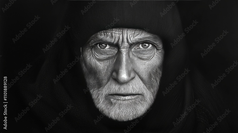 Close-up monochrome portrait of a senior man with intense gaze, wearing a hooded garment.
