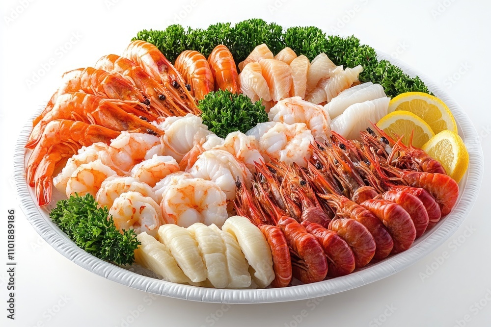 Fresh seafood platter featuring succulent shrimp, steamed broccoli, and tangy lemon slices Fresh seafood platter featuring succulent shrimp, steamed broccoli, and tangy lemon slices