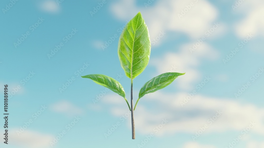 A vibrant green sprout with three leaves against a bright blue sky with fluffy white clouds. A vibrant green sprout with three leaves against a bright blue sky with fluffy white clouds.