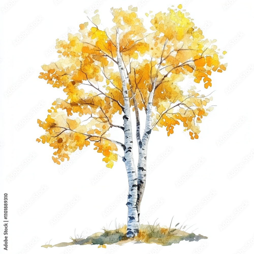 Obraz premium Watercolor birch tree with golden leaves in autumn scenery.