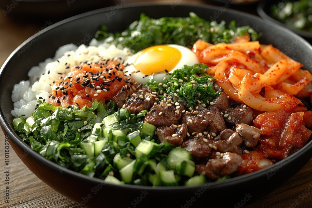 A close-up of a delicious and colorful poke bowl with rice, beef, kimchi, cucumber, seaweed, and an egg. A close-up of a delicious and colorful poke bowl with rice, beef, kimchi, cucumber, seaweed, and an egg.