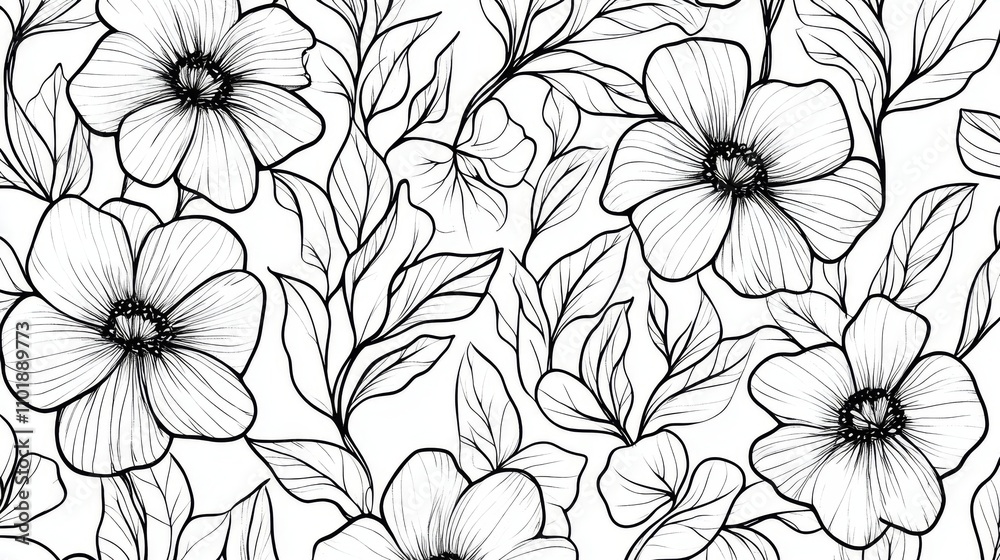 Elegant Black and White Floral Pattern: Line Art Botanical Design Elegant Black and White Floral Pattern: Line Art Botanical Design