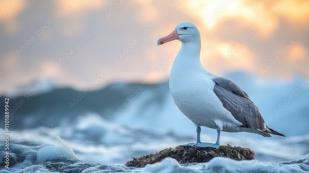 Solitary Seagull Standing on Rocky Coastal Shore at Sunset