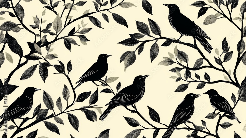 Fototapeta premium Black Birds on Branches: A Vintage Nature Pattern