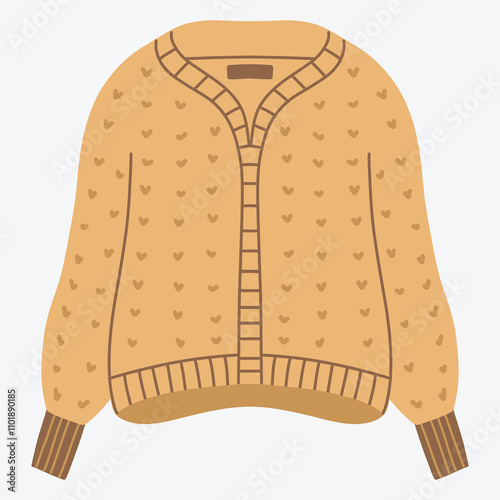 A cozy yellow cardigan with heart patterns and ribbed cuffs, ideal for casual wear.