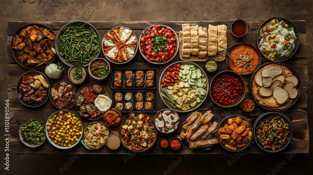 Rustic Feast with an Assortment of Grilled and Fresh Dishes Rustic Feast with an Assortment of Grilled and Fresh Dishes