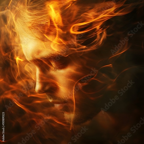 Young man's face abstract swirl motion art glowing fire background wallpaper.