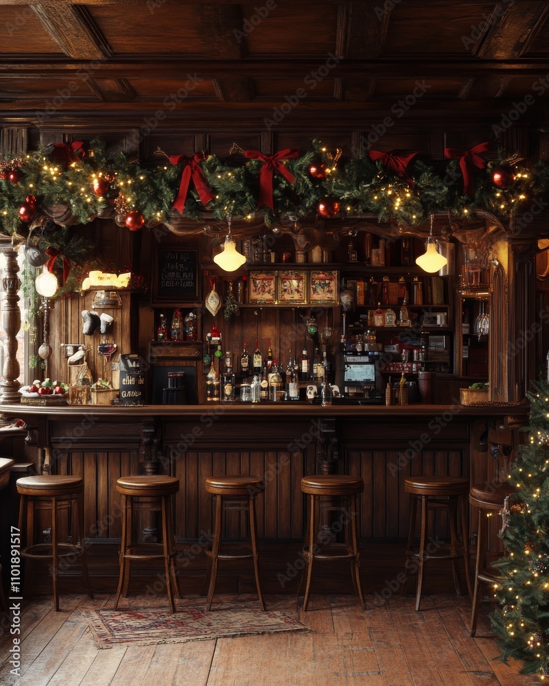Traditional pub interior, Christmas decorations