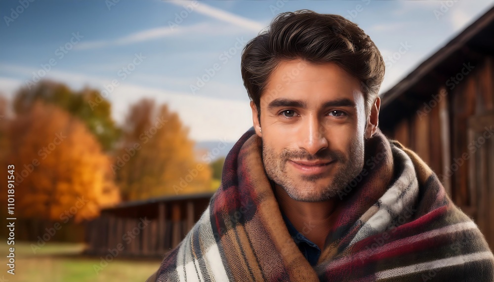 A photo of a cozy autumn scene features a person wrapped in a warm plaid scarf set against _1(440) A photo of a cozy autumn scene features a person wrapped in a warm plaid scarf set against _1(440)