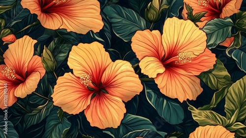 Wallpaper Mural Tropical Hibiscus Flowers - Orange Flowers with Green Leaves Torontodigital.ca