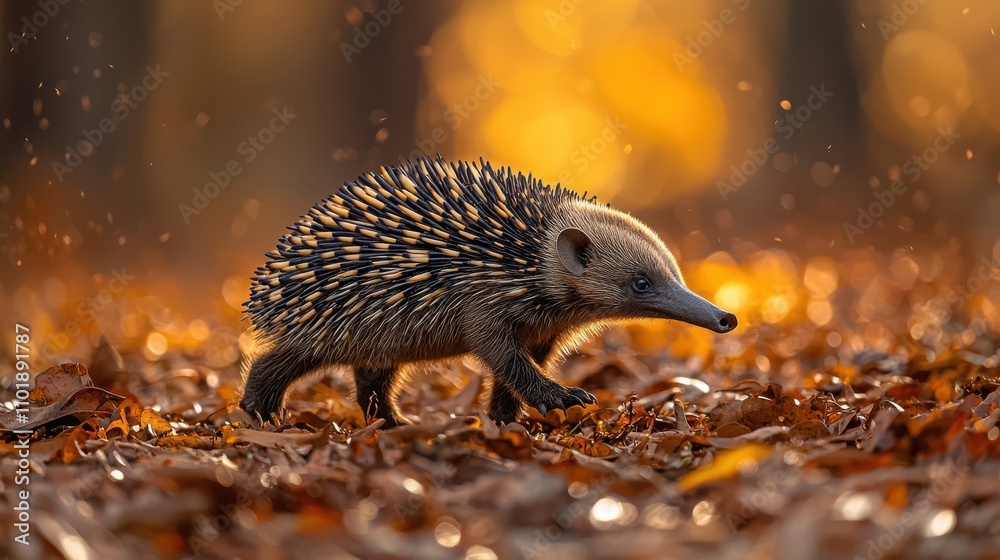 Obraz premium Curious Hedgehog Foraging in Autumnal Woodland Habitat