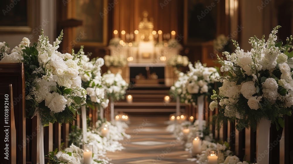 White Floral Decorates Church Aisle For Wedding Ceremony White Floral Decorates Church Aisle For Wedding Ceremony