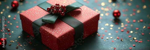 A beautifully green background, red gift box with green ribbon red and gold confetti decoration, perfect for Christmas or special occasions