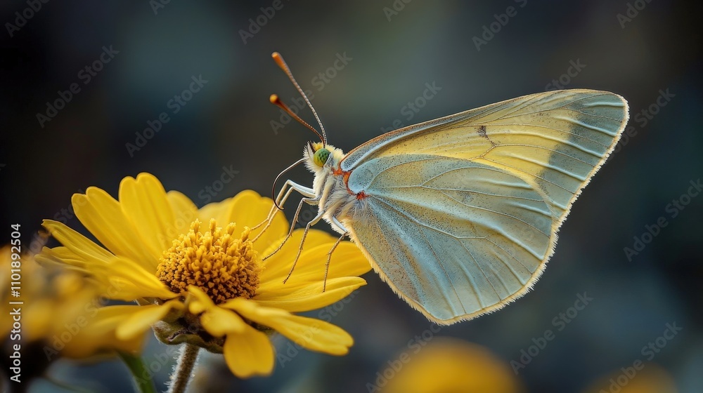 A delicate butterfly perched on a vibrant yellow flower, showcasing nature's beauty. A delicate butterfly perched on a vibrant yellow flower, showcasing nature's beauty.