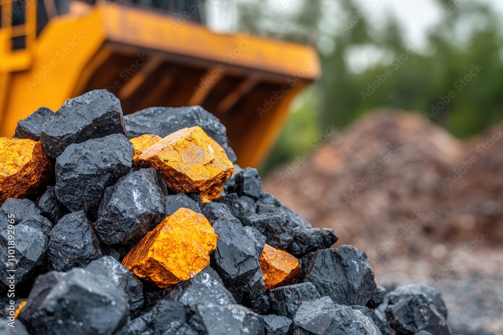 Vibrant Orange and Black Mineral Deposits in Focus at a Mining Site with Heavy Machinery in Background Under Overcast Sky Vibrant Orange and Black Mineral Deposits in Focus at a Mining Site with Heavy Machinery in Background Under Overcast Sky