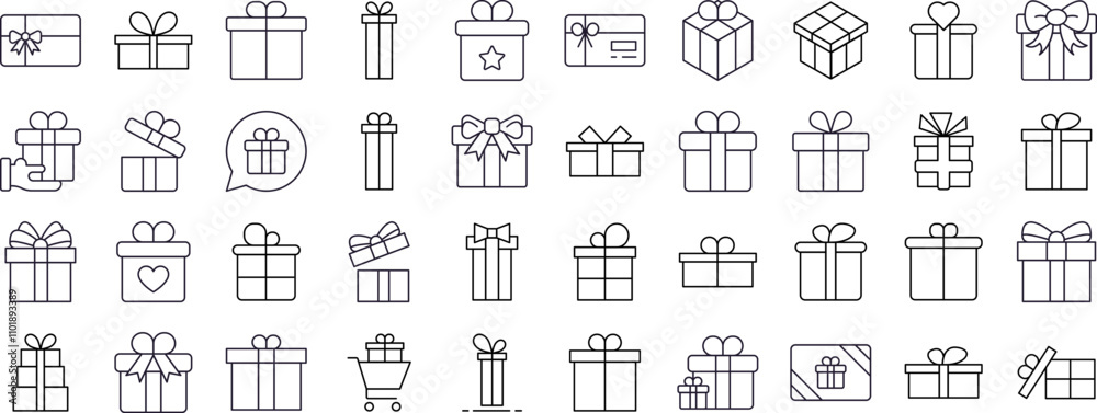 Gift and Present Set of Thin Icons. Editable Stroke. Suitable for Web Sites, Books, Cards, Apps Gift and Present Set of Thin Icons. Editable Stroke. Suitable for Web Sites, Books, Cards, Apps