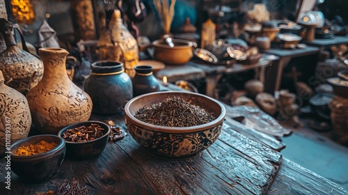 Rustic spices and herbs in a vintage kitchen setting