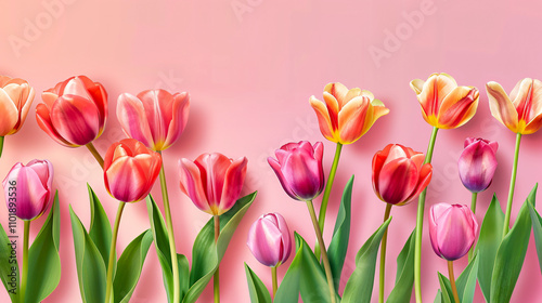 Banner for International Women�s Day featuring beautiful tulips on a pink background.