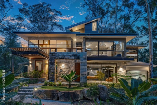 Modern luxury home at dusk, featuring stone facade, expansive windows, and lush landscaping.