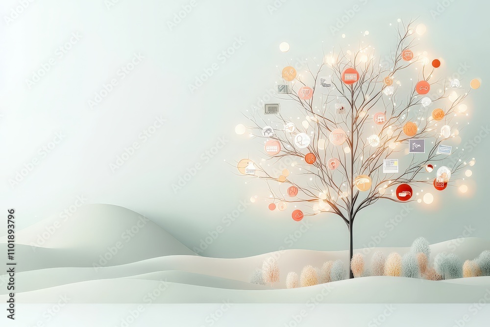 Artistic Representation of a Tree with Digital Icons Surrounded by Soft Hills and a Subtle Background in a Minimalistic Style Artistic Representation of a Tree with Digital Icons Surrounded by Soft Hills and a Subtle Background in a Minimalistic Style