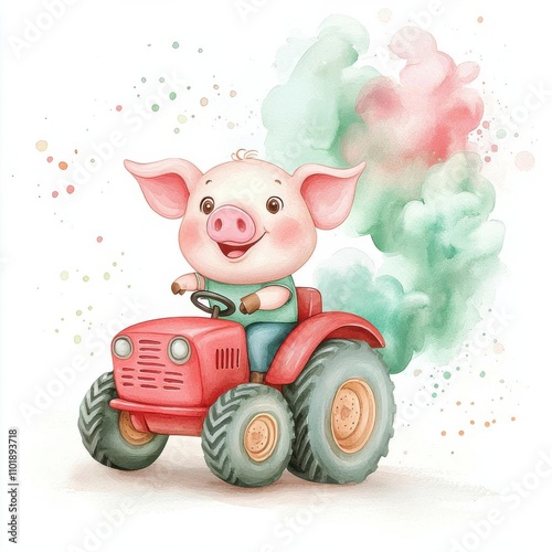 A whimsical pig driving a small red tractor, with tiny puffs of watercolor smoke trailing behind