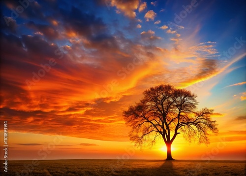 Solitary Tree Silhouetted Against a Vibrant Sunset with an Orange Glow Over Barren Land, Perfect for Serene Nature Scenes and Dramatic Landscapes