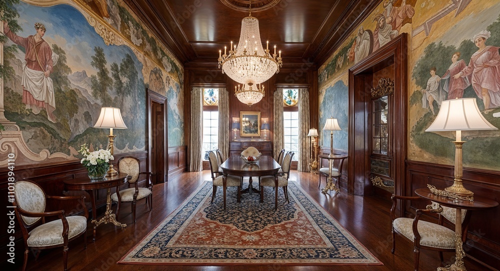 Fototapeta premium Hand painted murals rich wood finishes and elegant chandeliers