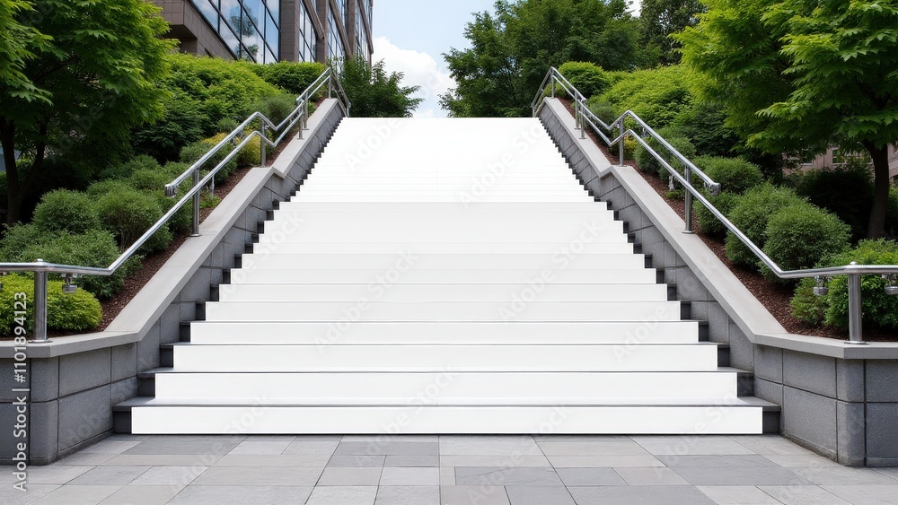 A clean outdoor staircase with blank wraps for artistic promotional use A clean outdoor staircase with blank wraps for artistic promotional use