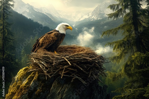 Eagle Nest. Bald Eagle perched on trail in natural wildlife setting photo