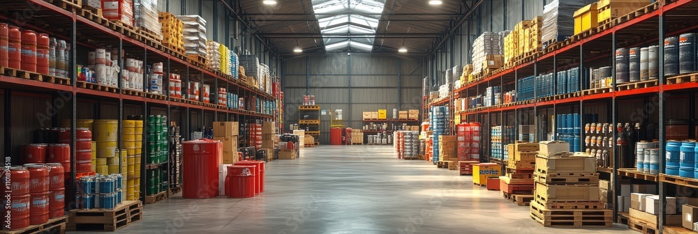 Large Warehouse with High Shelves Stacked Full of Various Items Large Warehouse with High Shelves Stacked Full of Various Items