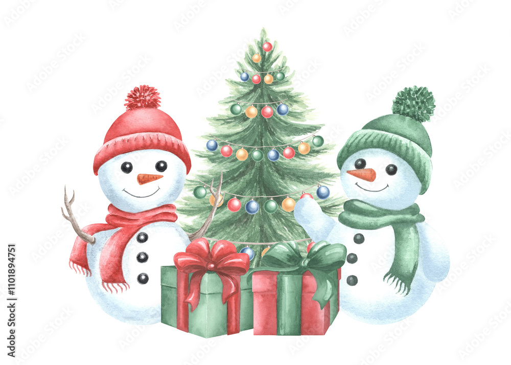 Snowmans with gift boxes and Christmas tree. Cute kids cheerful ...