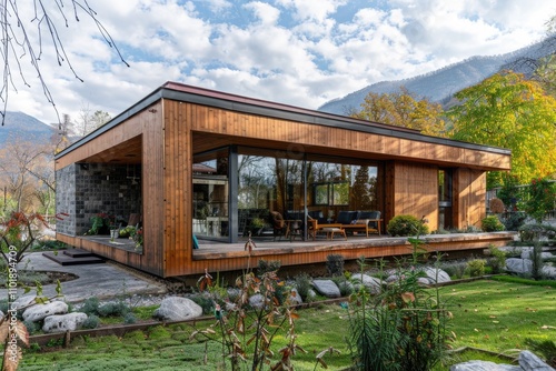 Modern wooden house with large windows nestled in a mountainous autumn landscape.