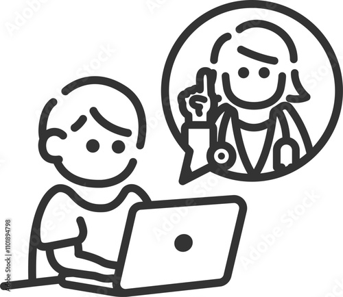 ノートパソコンで、オンライン診療を受ける男性のアイコン（線画）のイラスト