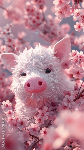 Closeup of a cute and fluffy white piglet nestled among the vibrant pink spring blossoms creating a whimsical and charming nature scene  The piglet has a playful and innocent expression photo