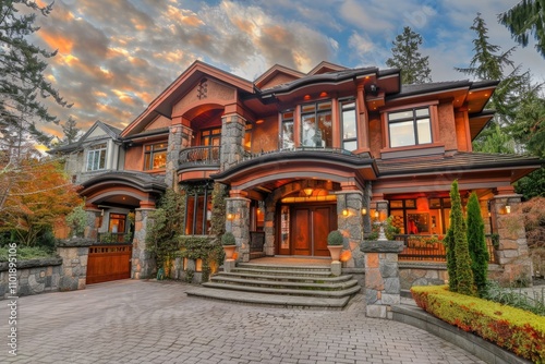 A luxurious, multilevel home with stone accents, large windows, and a grand entrance.