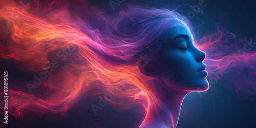 An abstract human figure dissolves into gradients of blue and purple, with neon streams of consciousness flowing through orbs and curves, representing the meditative journey of the soul.