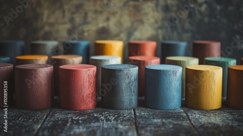 Colorful wooden cylinders arranged on a rustic surface